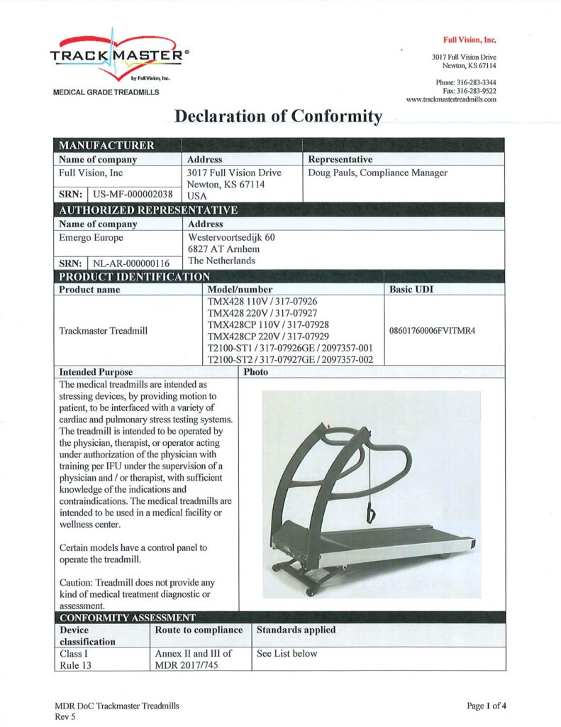 DoC EU MDR Treadmills 2024.06.03 Page 1 e1718716621453 - EU Declaration of Conformity DoC - Trackmaster Treadmills